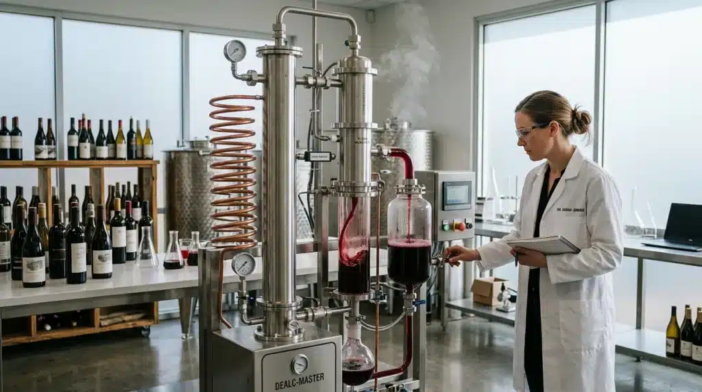 Chercheuse examine équipement distillation dans laboratoire vin