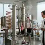 Chercheuse examine équipement distillation dans laboratoire vin