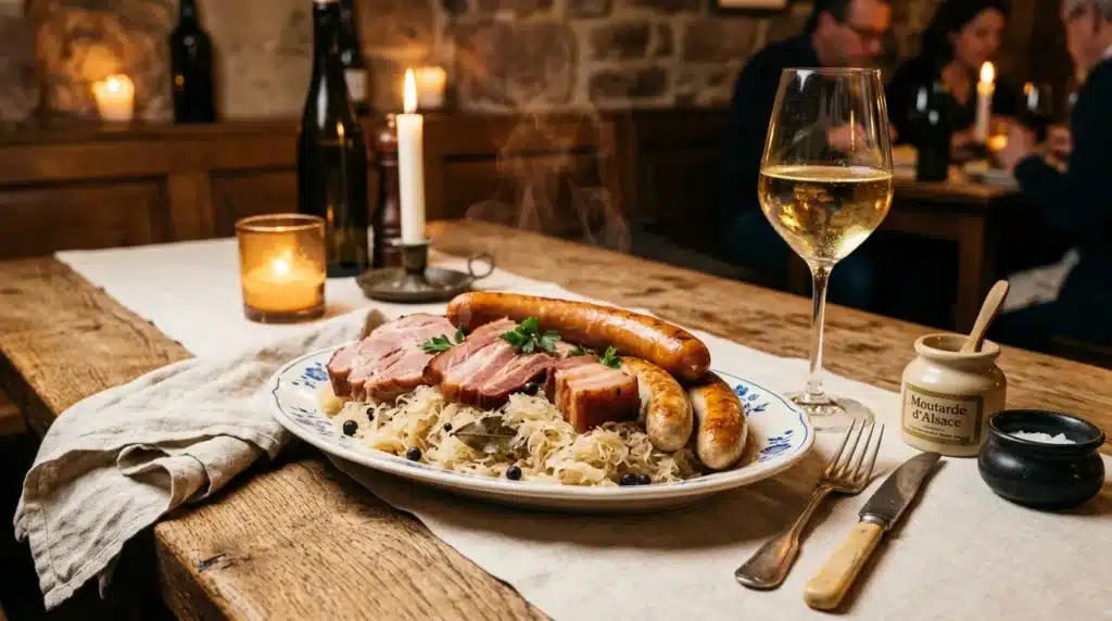 Assiette de choucroute avec viandes et verre de vin blanc