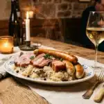 Assiette de choucroute avec viandes et verre de vin blanc