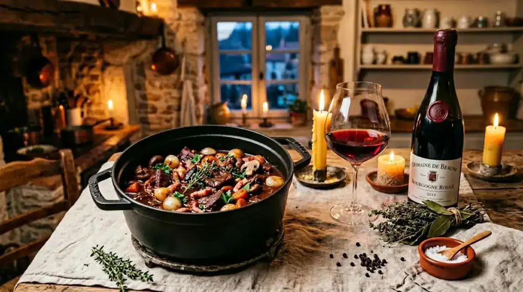 Pot-au-feu avec vin rouge, bougies et décoration rustique chaleureuse