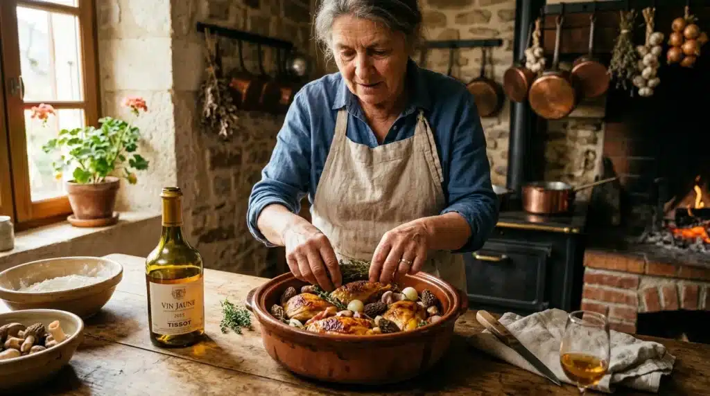 Femme préparant un plat rustique dans une cuisine traditionnelle