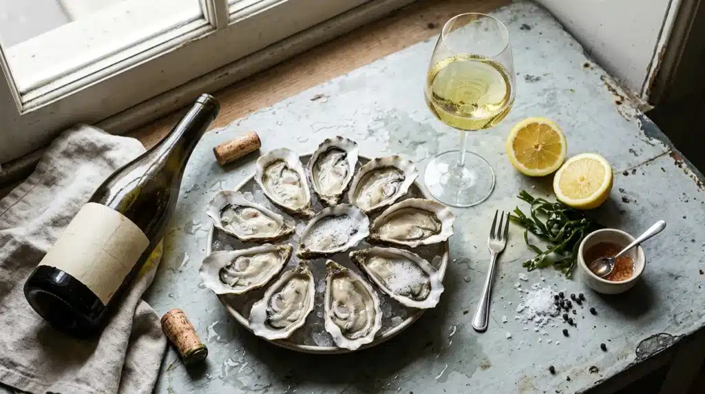 Plateau d'huîtres fraîches avec verre de vin blanc et citron