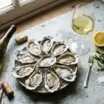 Plateau d'huîtres fraîches avec verre de vin blanc et citron