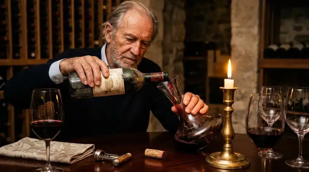 Homme âgé versant un vin vintage dans un verre.