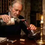 Homme âgé versant un vin vintage dans un verre.