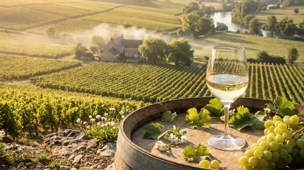 Verre de vin blanc avec raisins verts face aux vignobles