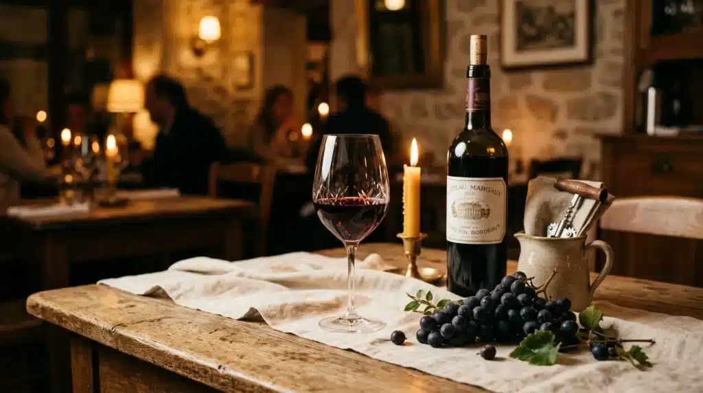 Verre de vin rouge, bouteille Château Margaux, raisins noirs sur table rustique