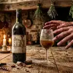 Main tenant un verre de vin rouge près d'une bouteille en cave