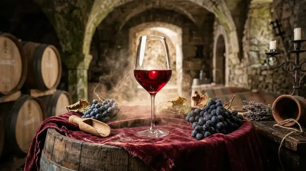 Verre de vin rouge avec raisins en cave viticole historique