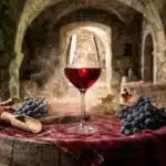 Verre de vin rouge avec raisins en cave viticole historique