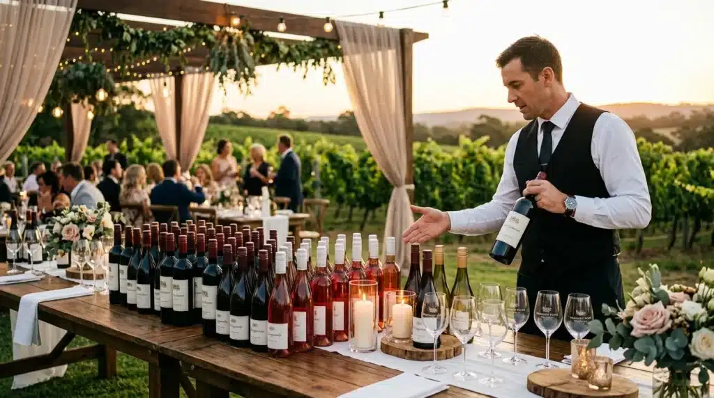 Sommelier présentant des vins lors d'une réception en vignoble
