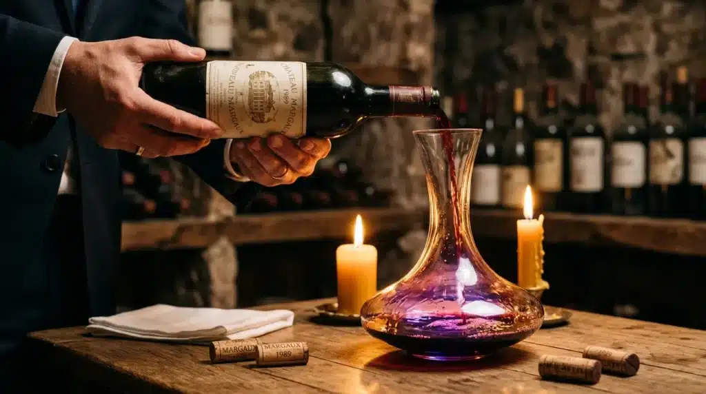 Homme versant un vin rouge Margaux 1989 dans une carafe