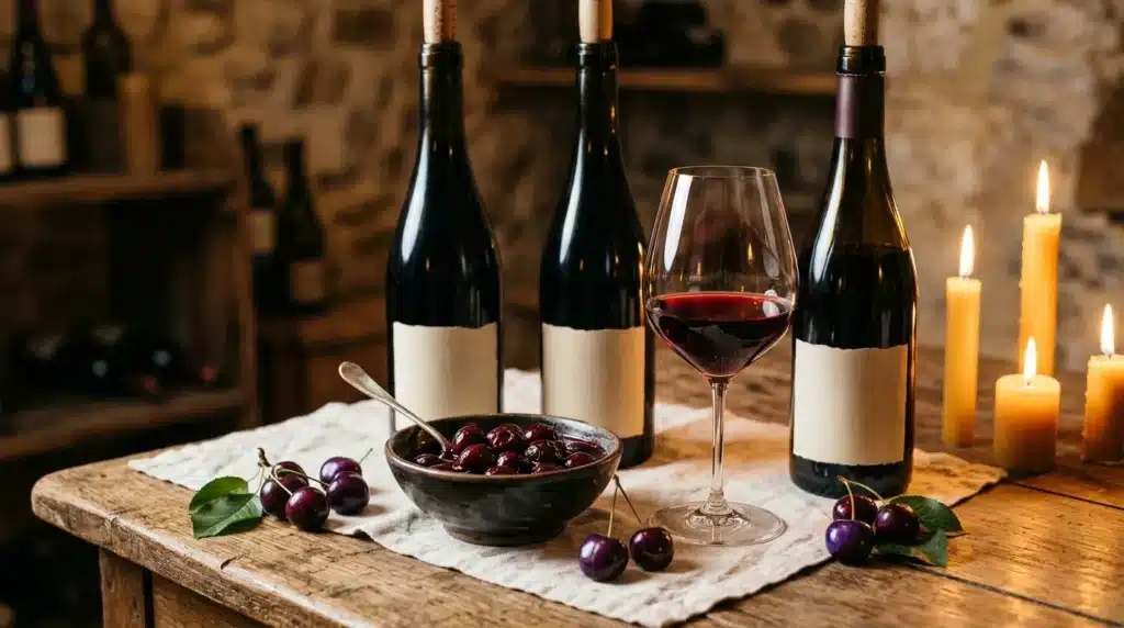 Bouteilles de vin rouge, verre rempli, raisins et bougies allumées