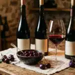 Bouteilles de vin rouge, verre rempli, raisins et bougies allumées