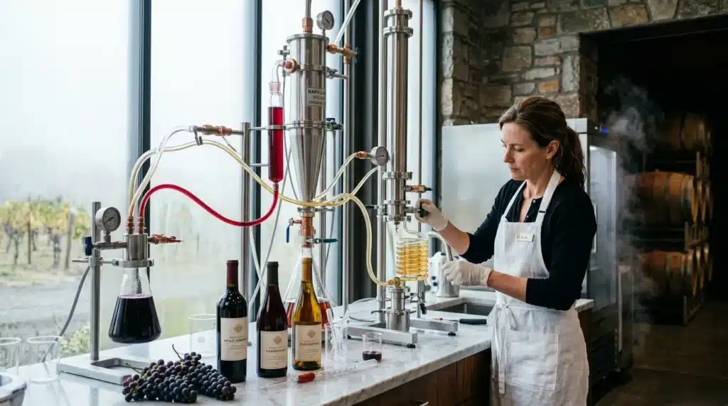 Femme œnologue analyse vin dans laboratoire viticole