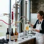 Femme œnologue analyse vin dans laboratoire viticole