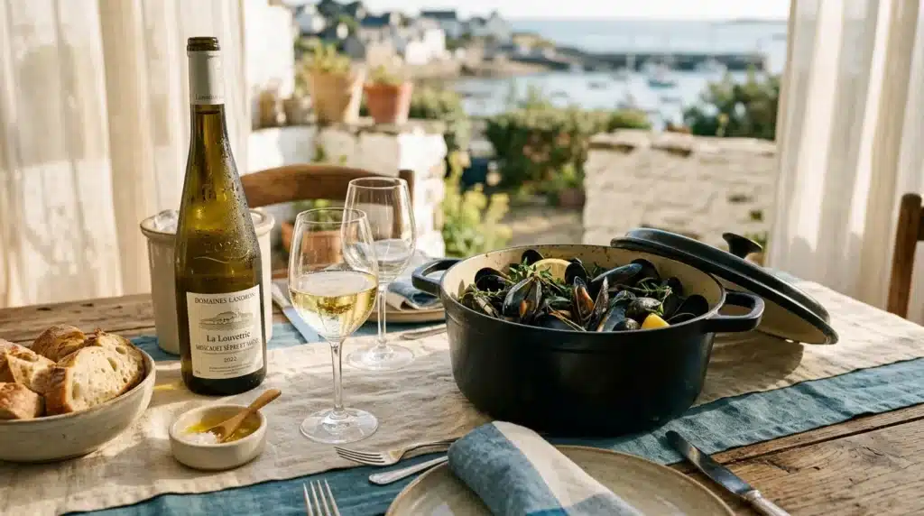 Table avec moules, vin blanc et vue sur la mer