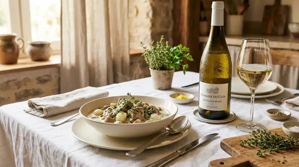 Table dressée avec vin blanc, plat savoureux et herbes fraîches