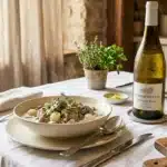 Table dressée avec vin blanc, plat savoureux et herbes fraîches