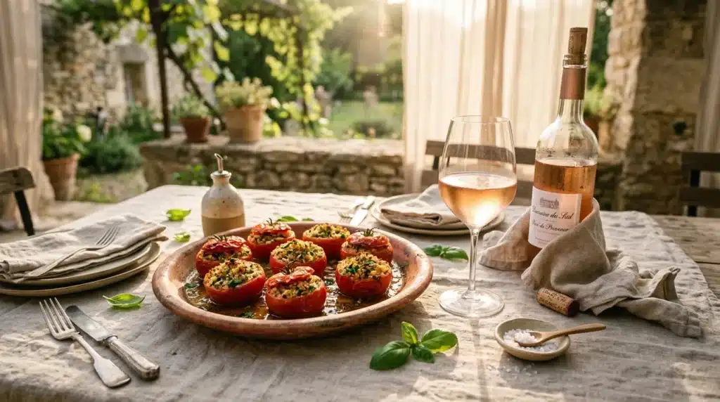 Table dressée avec tomates farcies, rosé et vue jardin