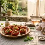 Table dressée avec tomates farcies, rosé et vue jardin