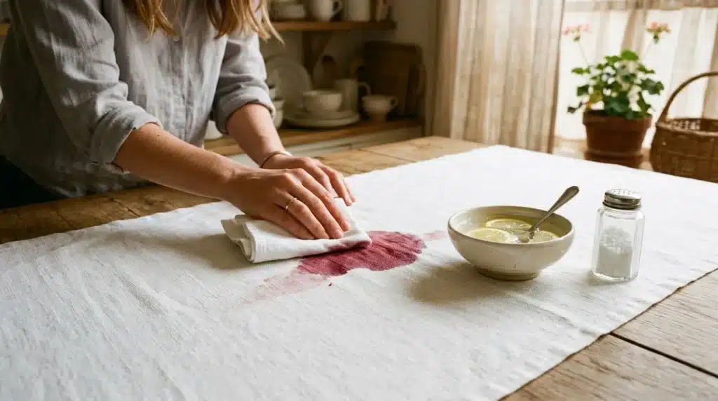 Femme nettoie une tache rose sur du tissu blanc avec une solution.