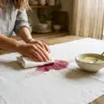 Femme nettoie une tache rose sur du tissu blanc avec une solution.