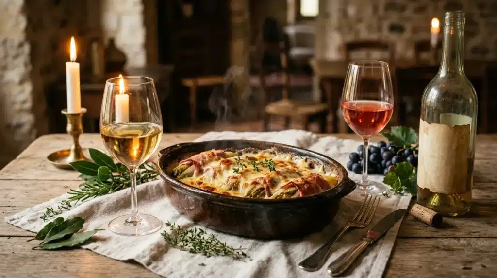 Table dressée avec plat cuisiné, vins et bougies allumées