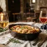 Table dressée avec plat cuisiné, vins et bougies allumées