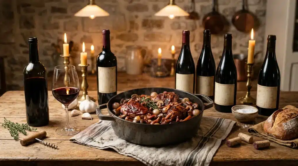Table rustique avec pot-au-feu, vin rouge et bougies allumées