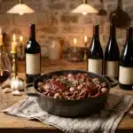 Table rustique avec pot-au-feu, vin rouge et bougies allumées