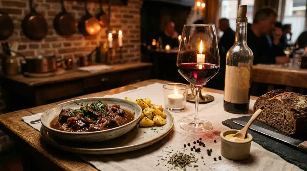Repas raffiné avec viande, vin rouge et pain complet