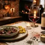 Repas raffiné avec viande, vin rouge et pain complet