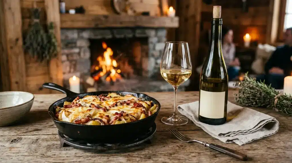 Plat gratiné, vin blanc et foyer chaleureux en arrière-plan