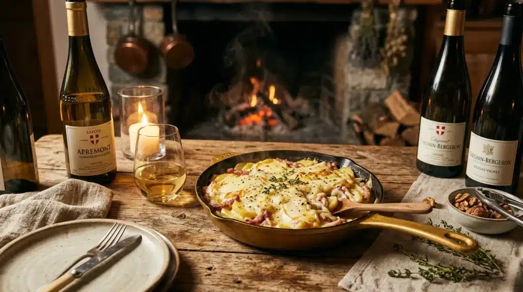 Table élégante avec vin, raclette et feu de cheminée