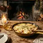 Table élégante avec vin, raclette et feu de cheminée