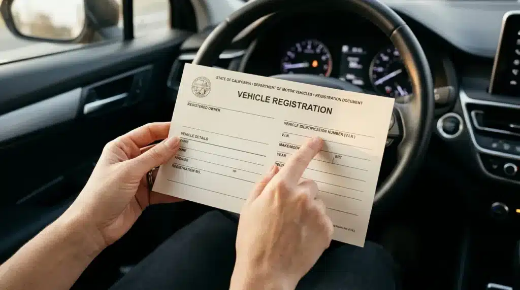 Personne tenant formulaire immatriculation automobile dans voiture