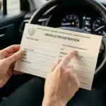 Personne tenant formulaire immatriculation automobile dans voiture