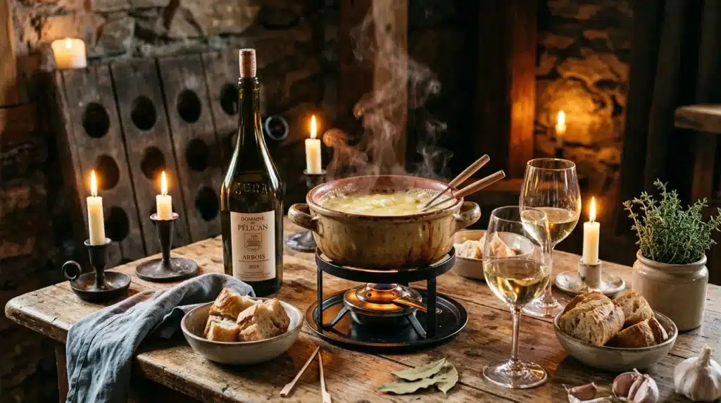 Table rustique avec fondue, vin blanc, pain et bougies allumées