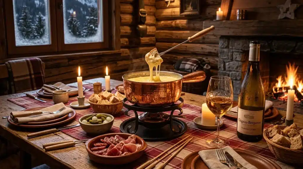 Table rustique avec fondue au fromage et vin blanc devant cheminée