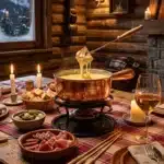 Table rustique avec fondue au fromage et vin blanc devant cheminée