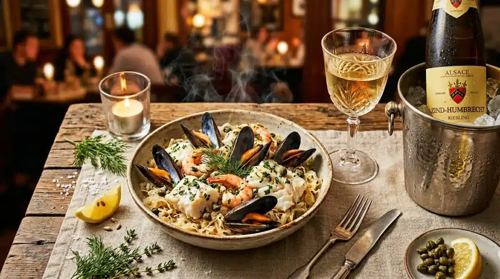Assiette de pâtes aux fruits de mer avec verre de vin blanc
