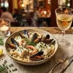 Assiette de pâtes aux fruits de mer avec verre de vin blanc