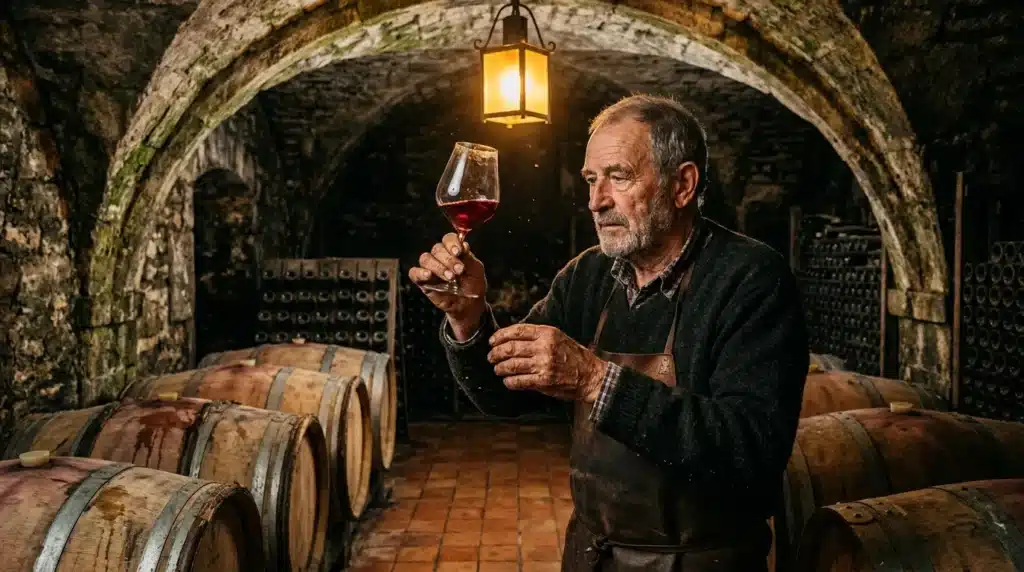Homme âgé examinant un verre de vin rouge en cave