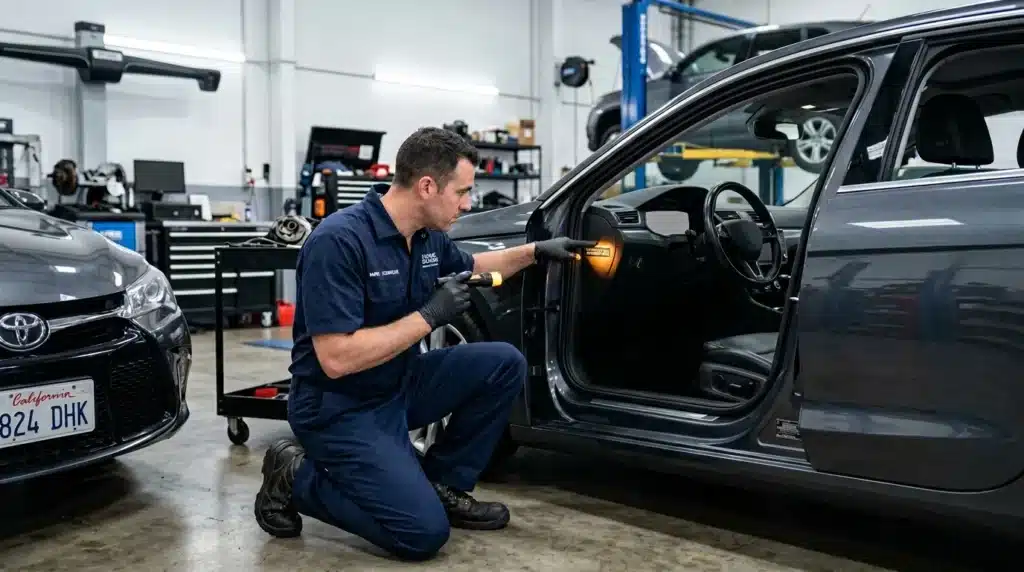 Technicien en bleu travaille sur porte de voiture en atelier