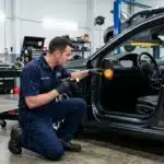 Technicien en bleu travaille sur porte de voiture en atelier