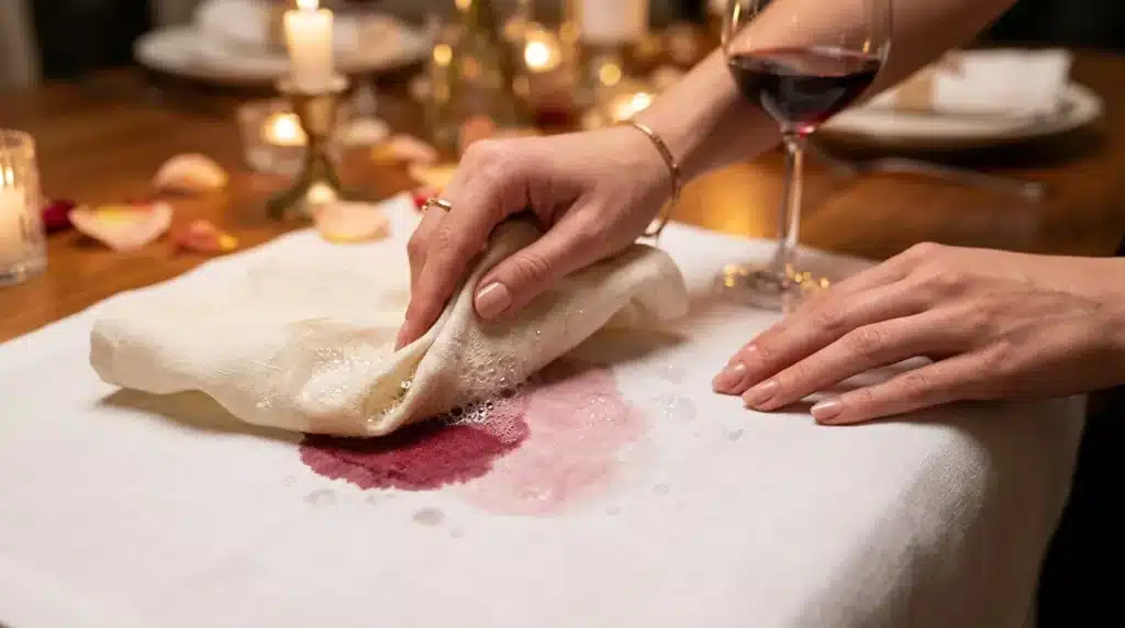 Personne nettoie une tache de vin sur nappe blanche