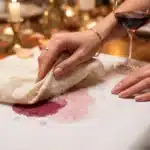 Personne nettoie une tache de vin sur nappe blanche