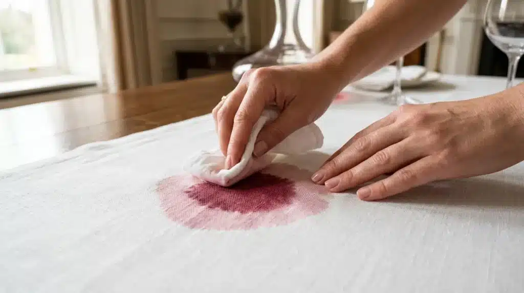 Mains nettoyant une tache de vin sur une nappe blanche